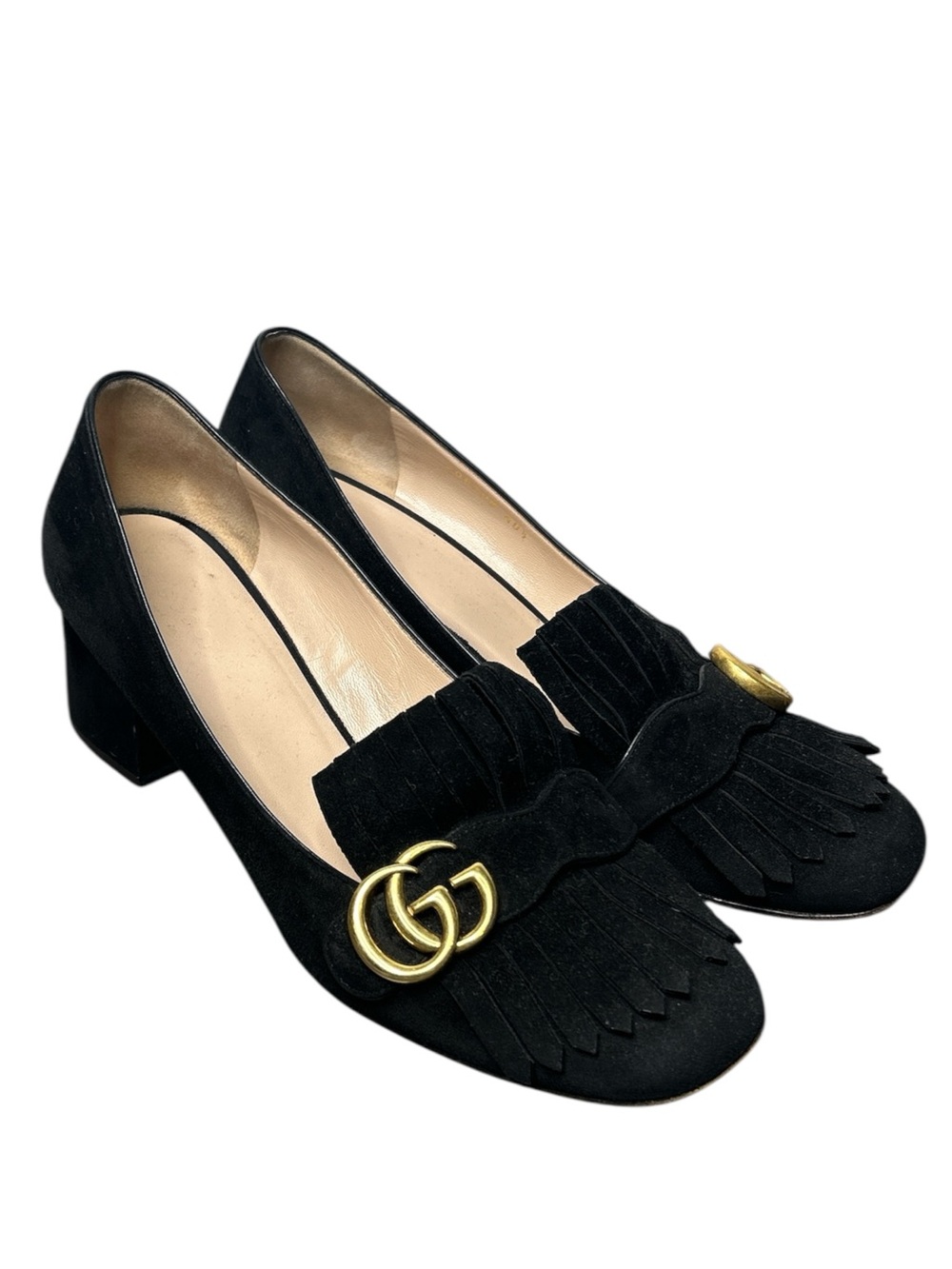 Gucci Marmont Fringe Block Heel Pumps Black Suede Double G Loafers Size 40.5